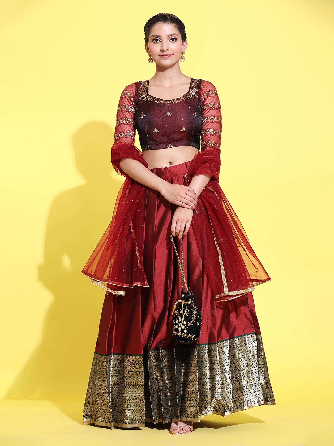 

Fabcartz Embroidered Thread Work Semi-Stitched Lehenga & Unstitched Blouse With Dupatta, Maroon