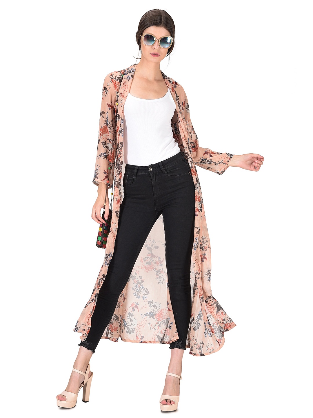 

Fashfun Floral Printed Open Front Longline Shrug, Pink