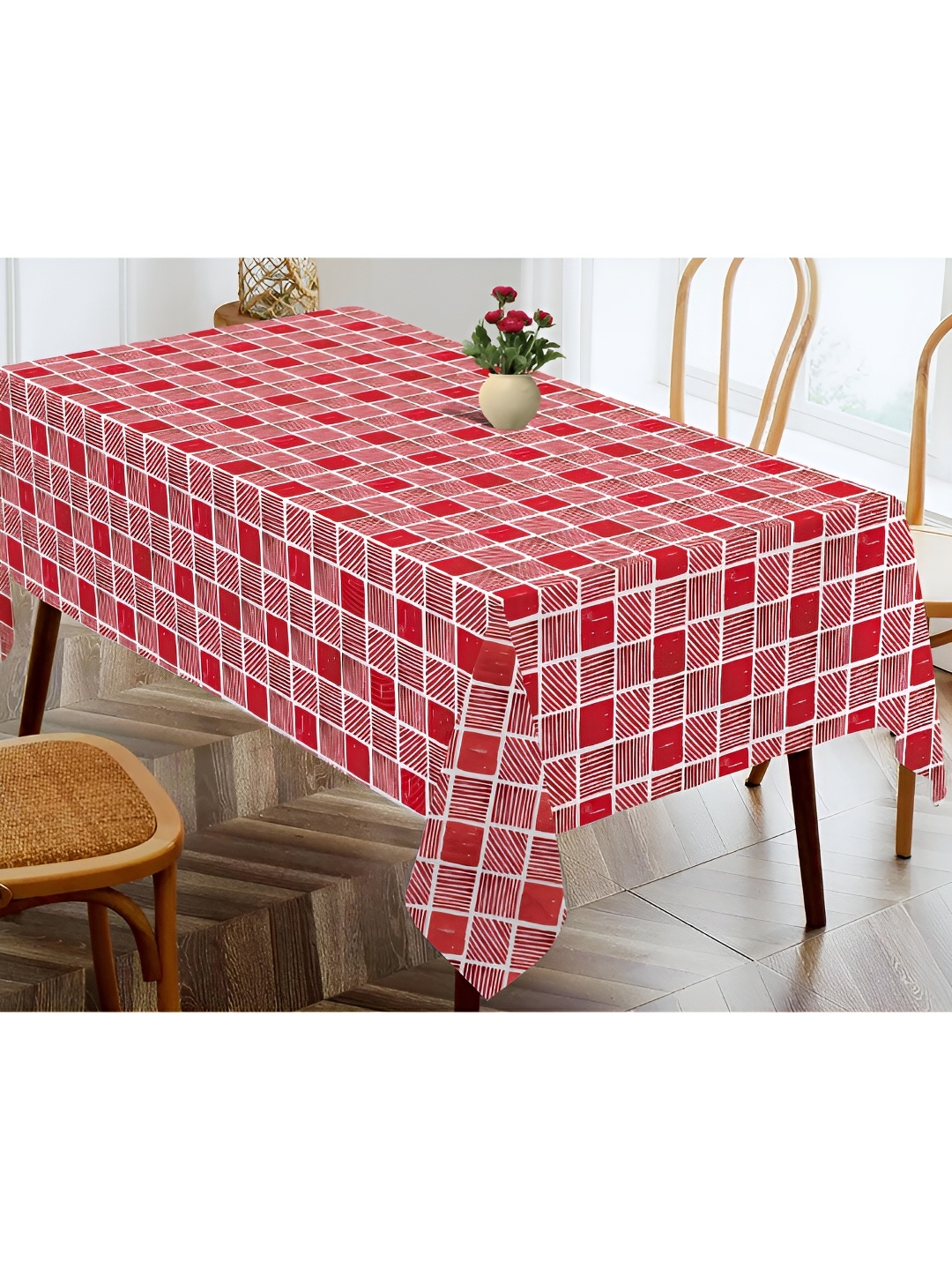 

OASIS Red & White Geometric Printed Cotton 4-Seater Table Cover