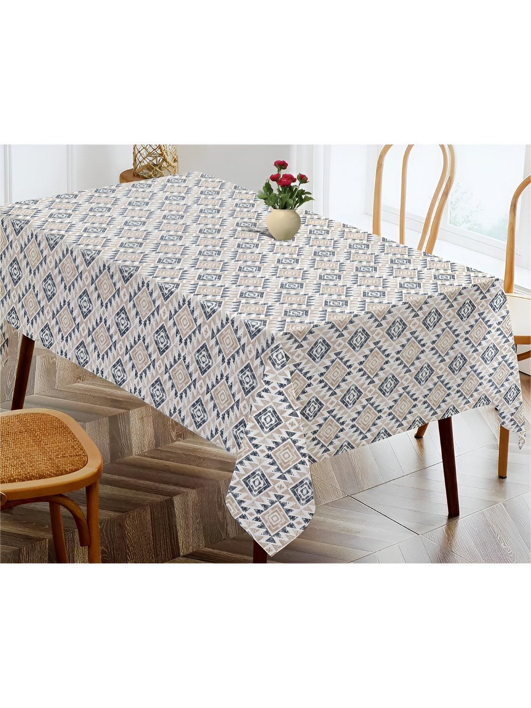 

OASIS Beige & Blue Geometric Printed Cotton 4-Seater Table Cover