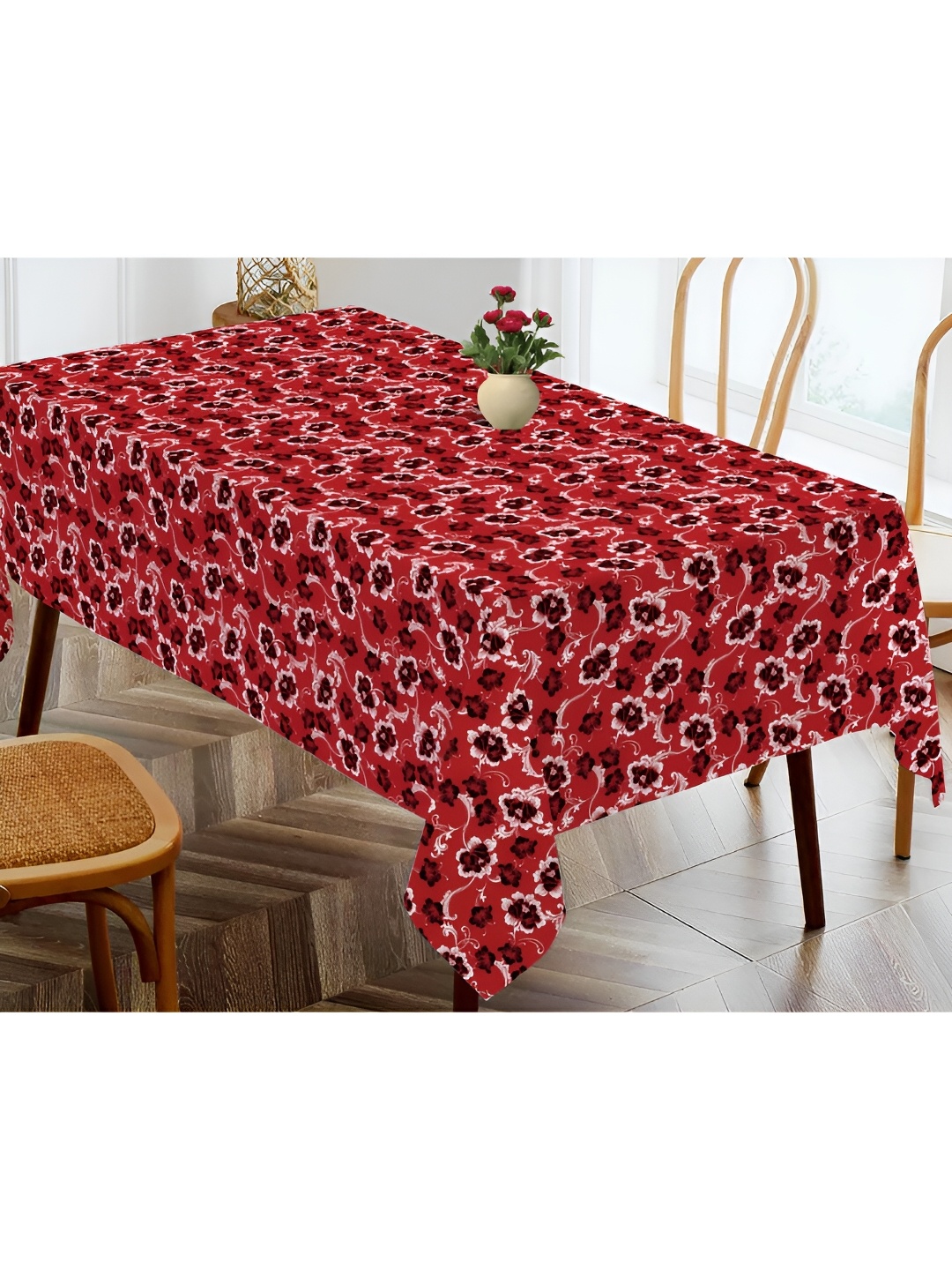 

OASIS Red & White Floral Printed Cotton Rectangular Shaped 4 Seater Table Cover