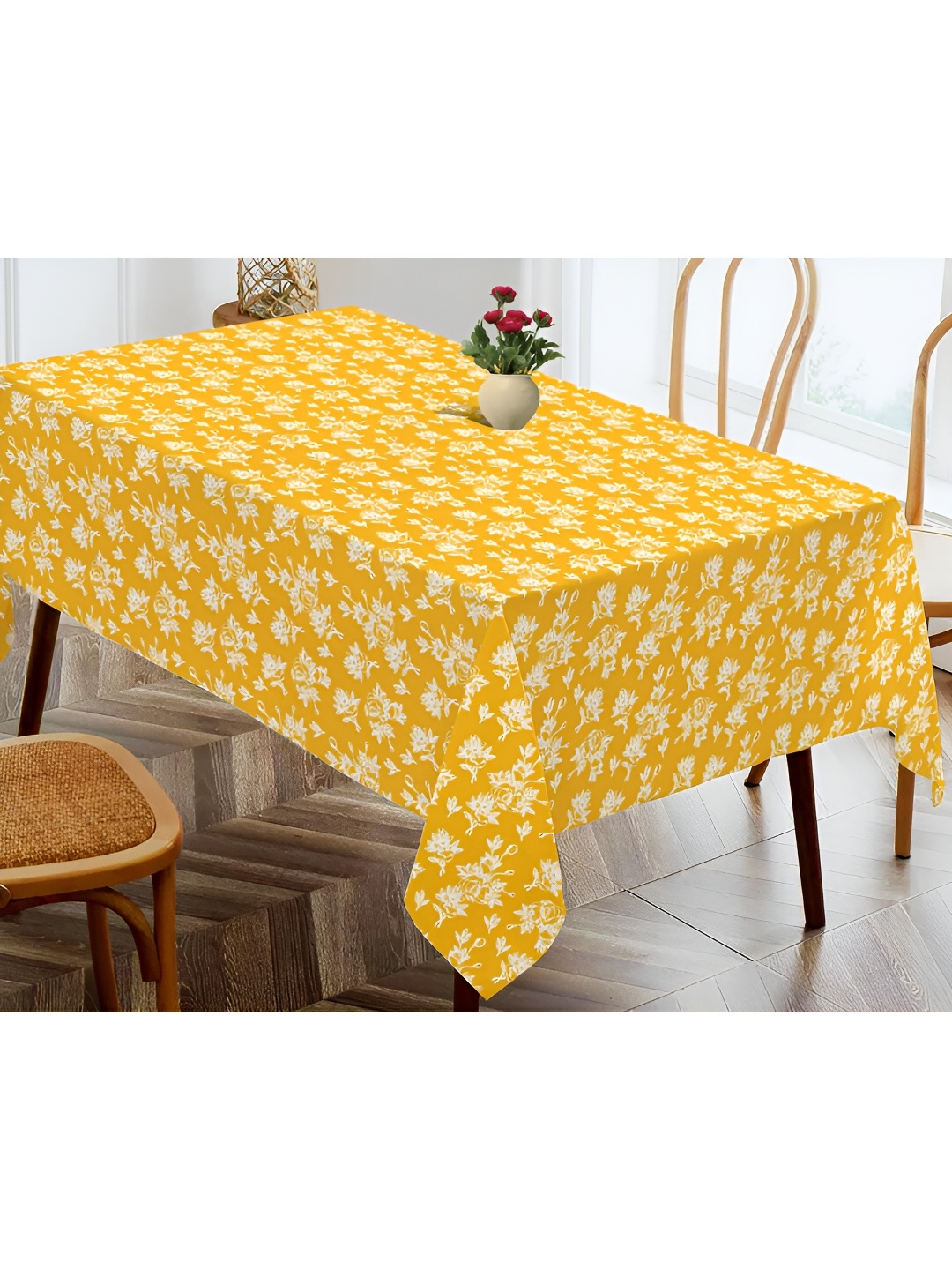 

OASIS Yellow & White Floral Printed Cotton Rectangular Shaped 4 Seater Table Cover