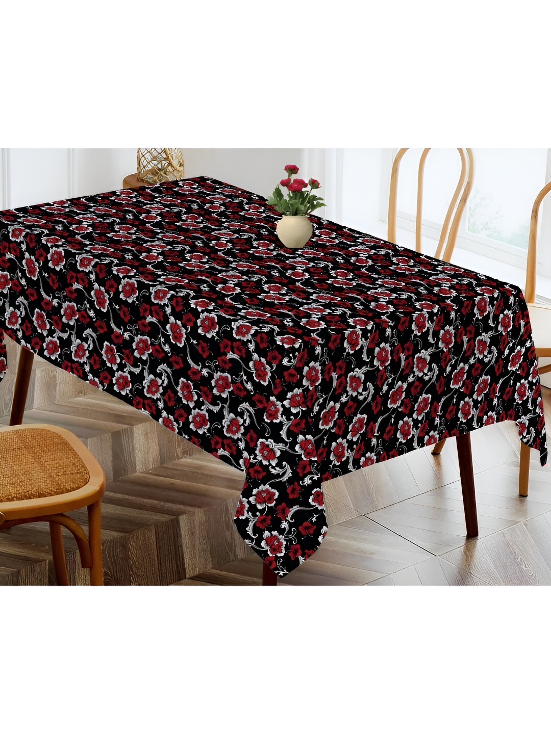 

OASIS Black & Red Floral Printed Cotton Rectangular Shaped 4 Seater Table Cover