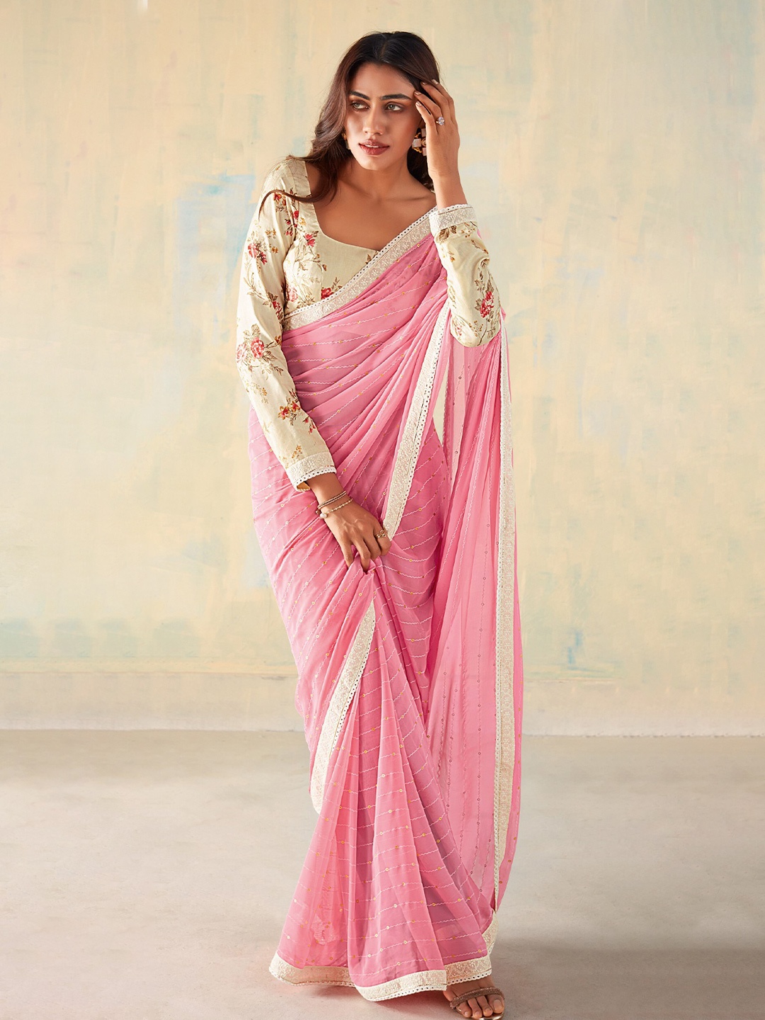 

Mitera Embellished Sequinned Saree, Pink