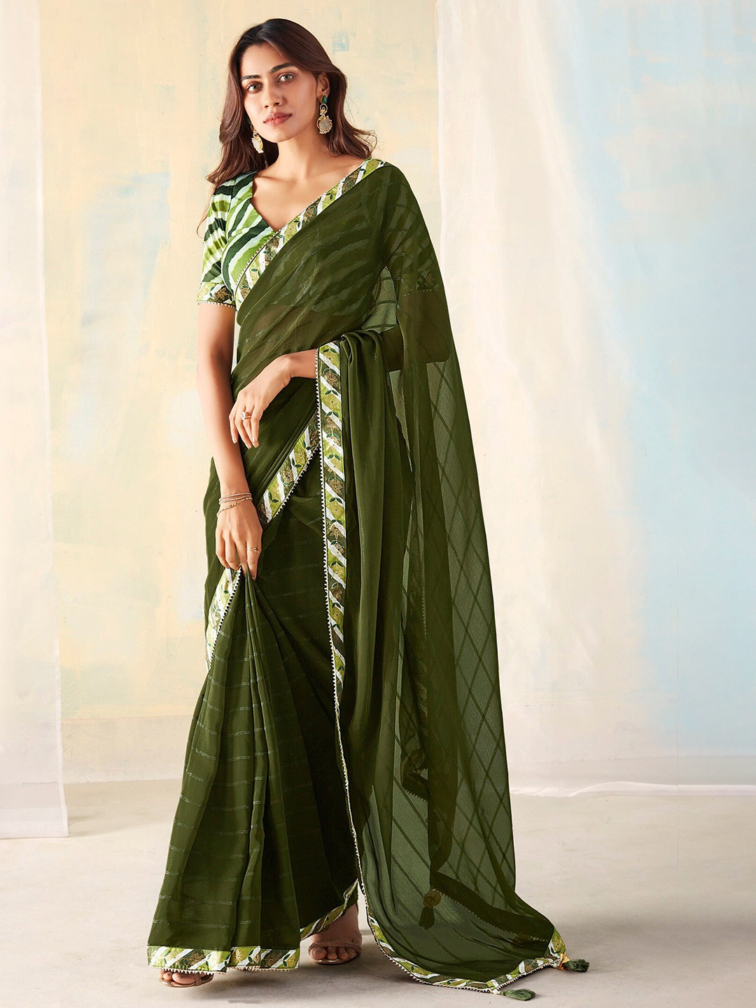 

Mitera Striped Embellished Saree, Green
