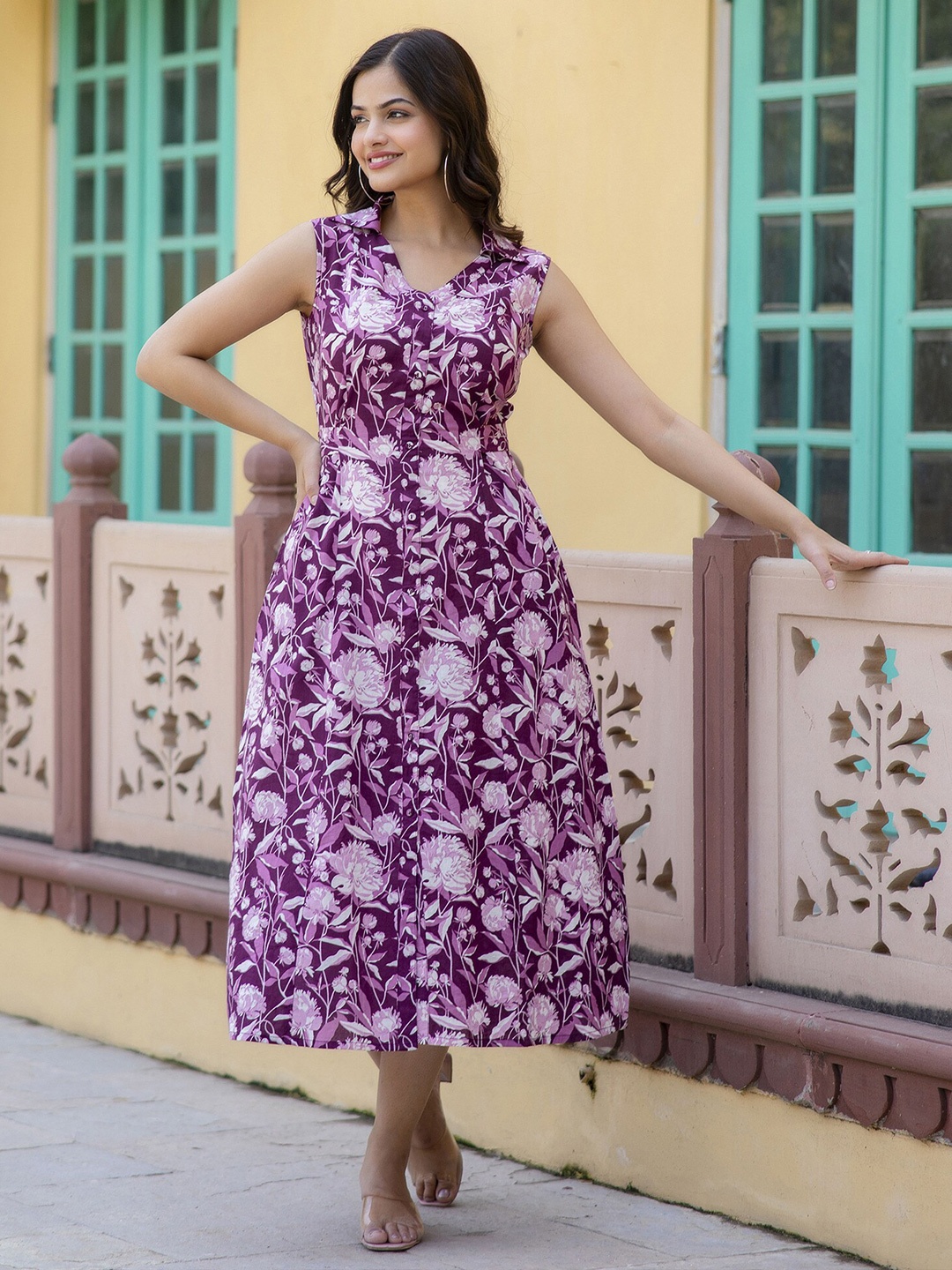 

Nayo Shirt Collar Sleeveless Floral Print Fit & Flare Midi Dress, Purple