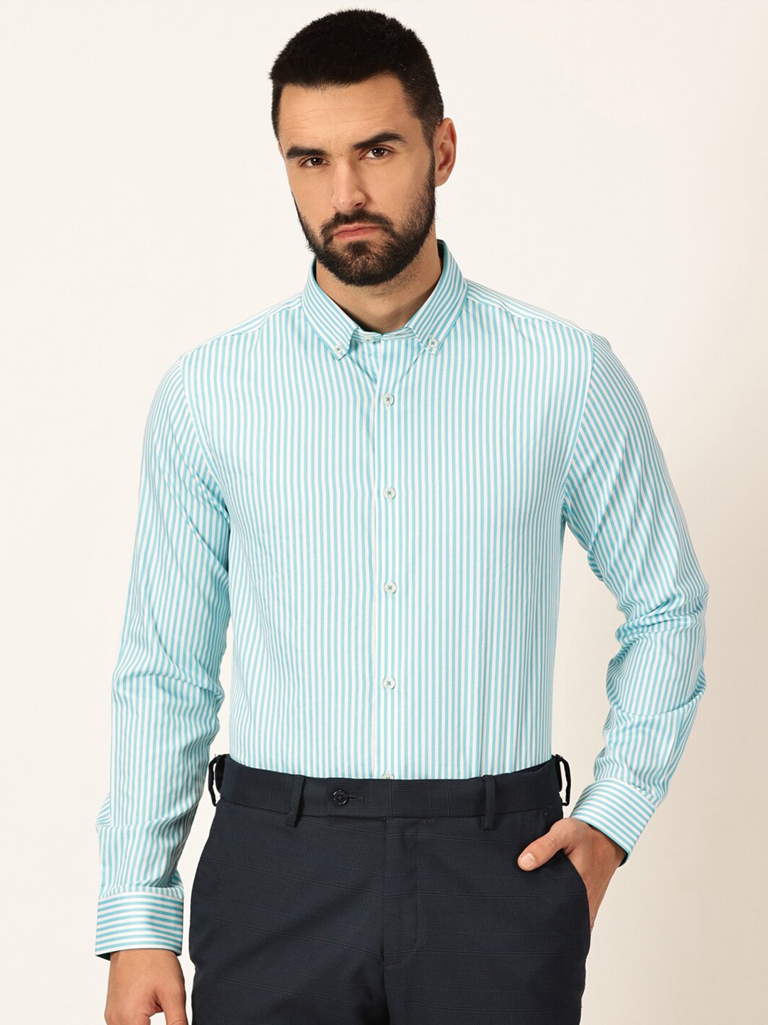 

Thomas Scott Premium Striped Button-Down Collar Long Sleeves Formal Shirt, Teal