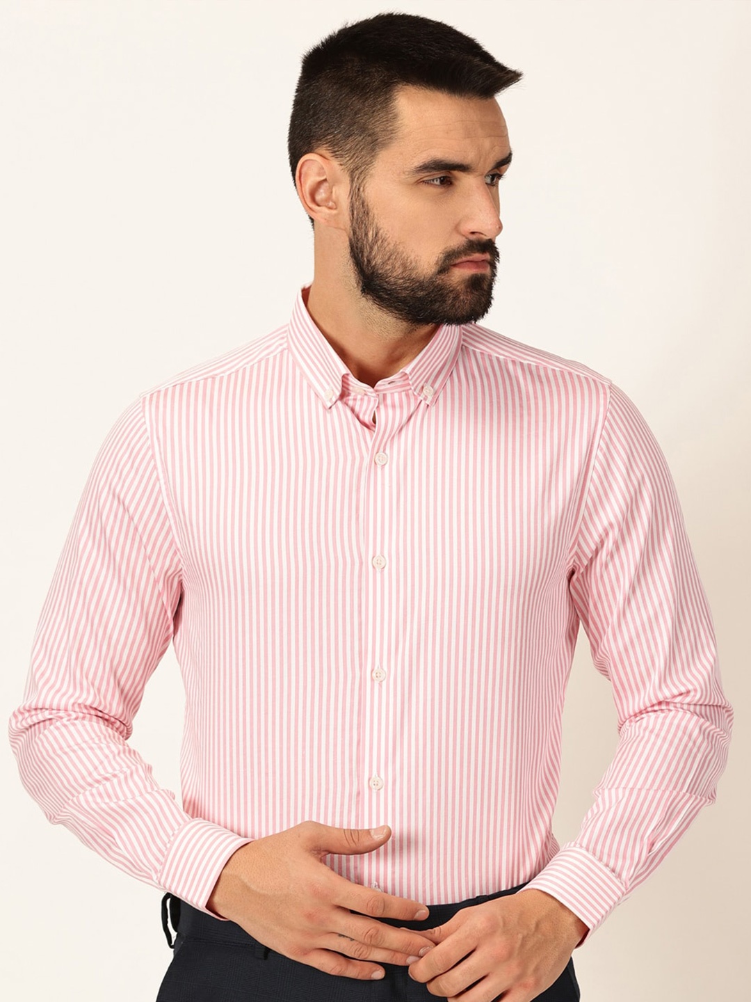 

Thomas Scott Premium Striped Button-Down Collar Long Sleeves Formal Shirt, Pink
