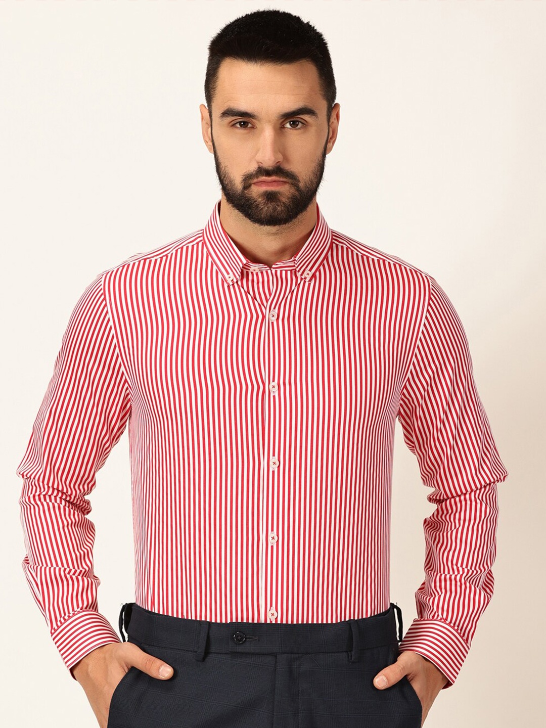 

Thomas Scott Premium Striped Button-Down Collar Long Sleeves Formal Shirt, Red