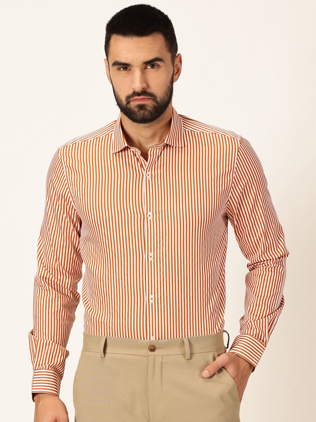 

Thomas Scott Premium Striped Spread Collar Long Sleeves Formal Shirt, Orange