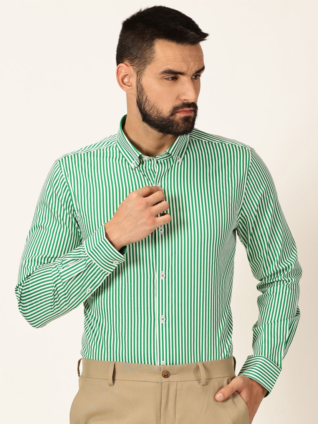 

Thomas Scott Premium Striped Button-Down Collar Long Sleeves Formal Shirt, Green