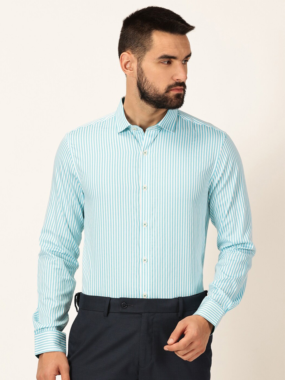 

Thomas Scott Premium Striped Spread Collar Formal Shirt, Teal