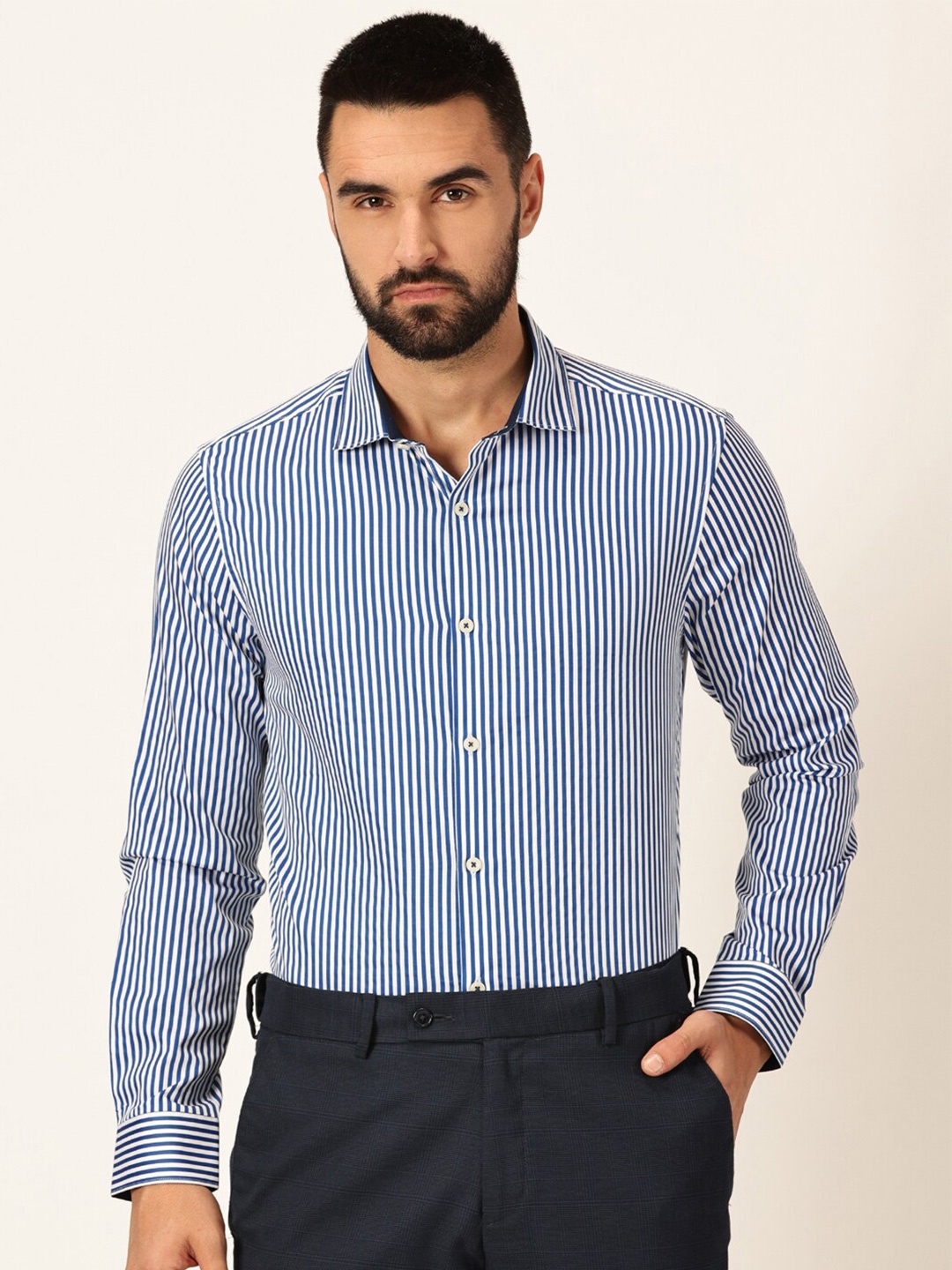 

Thomas Scott Premium Striped Spread Collar Long Sleeves Formal Shirt, Blue