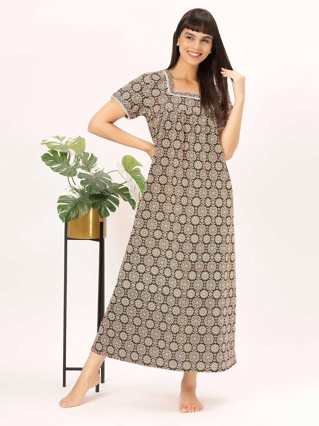 

ETC Printed Pure Cotton Maxi Nightdress, Olive