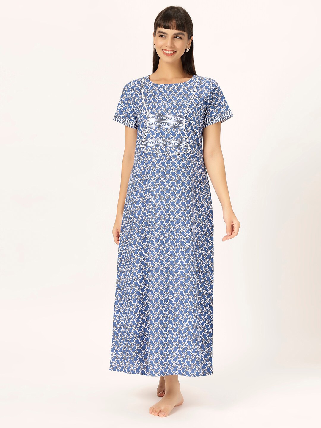 

ETC Blue Ethnic Motifs Printed Pure Cotton Maxi Nightdress