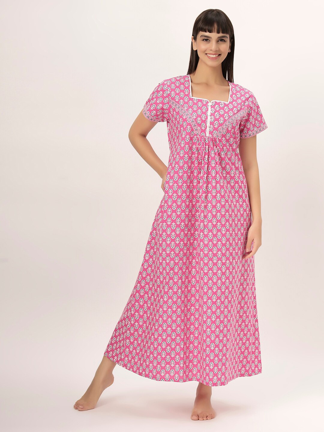 

ETC Printed Pure Cotton Maxi Nightdress, Pink