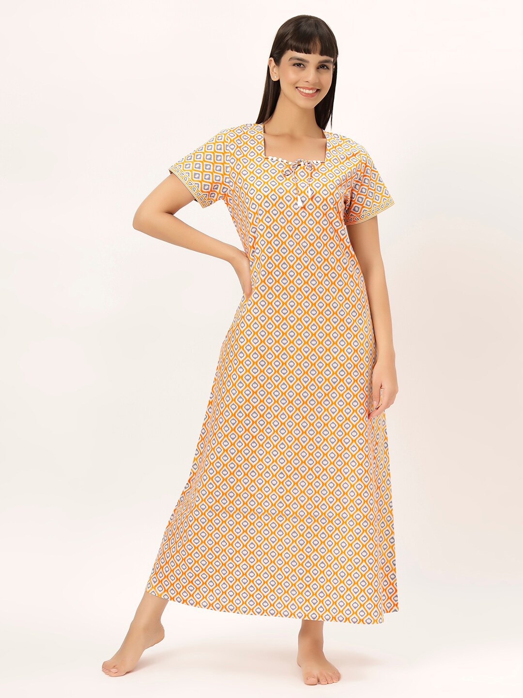 

ETC Ethnic Motifs Printed Pure Cotton Maxi Nightdress, Yellow