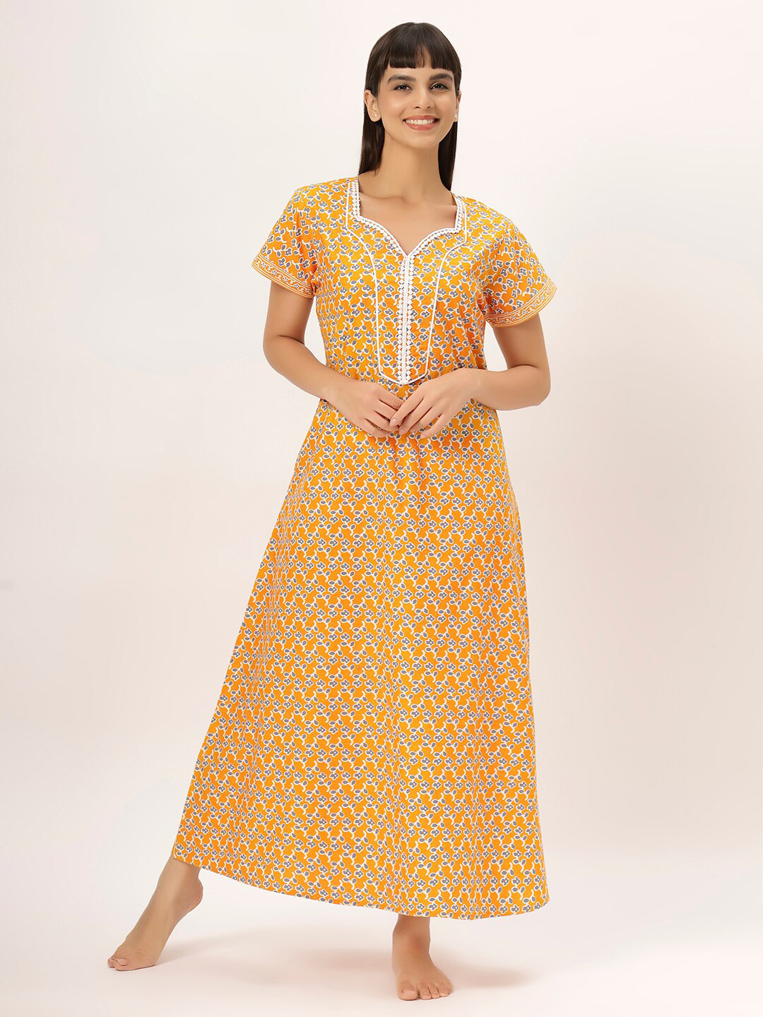 

ETC Printed Pure Cotton Maxi Nightdress, Yellow
