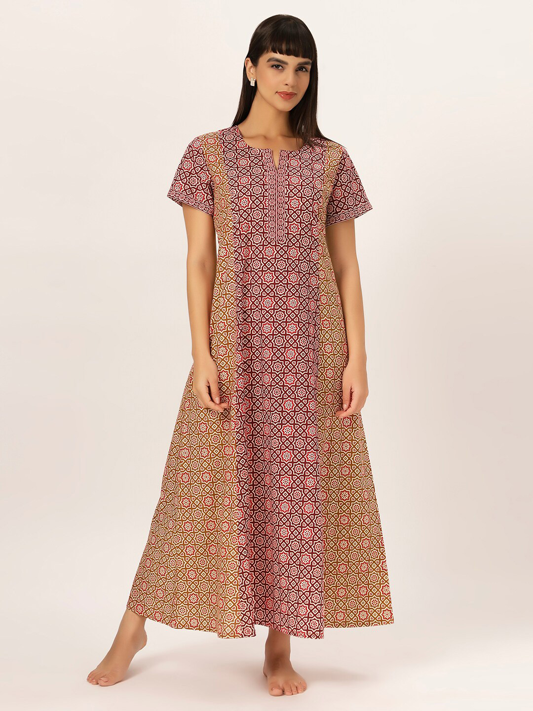 

ETC Ethnic Motifs Printed Pure Cotton Maxi Nightdress, Red
