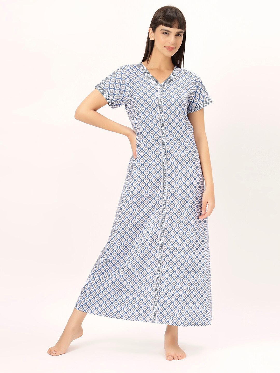 

ETC Printed Pure Cotton Maxi Nightdress, Blue