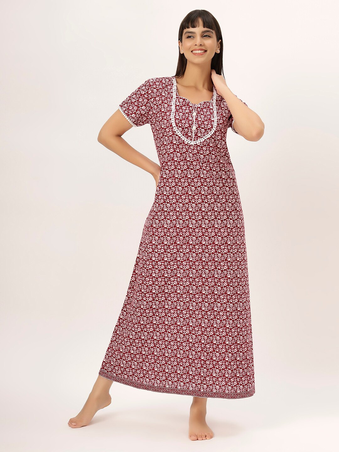 

ETC Printed Pure Cotton Maxi Nightdress, Maroon