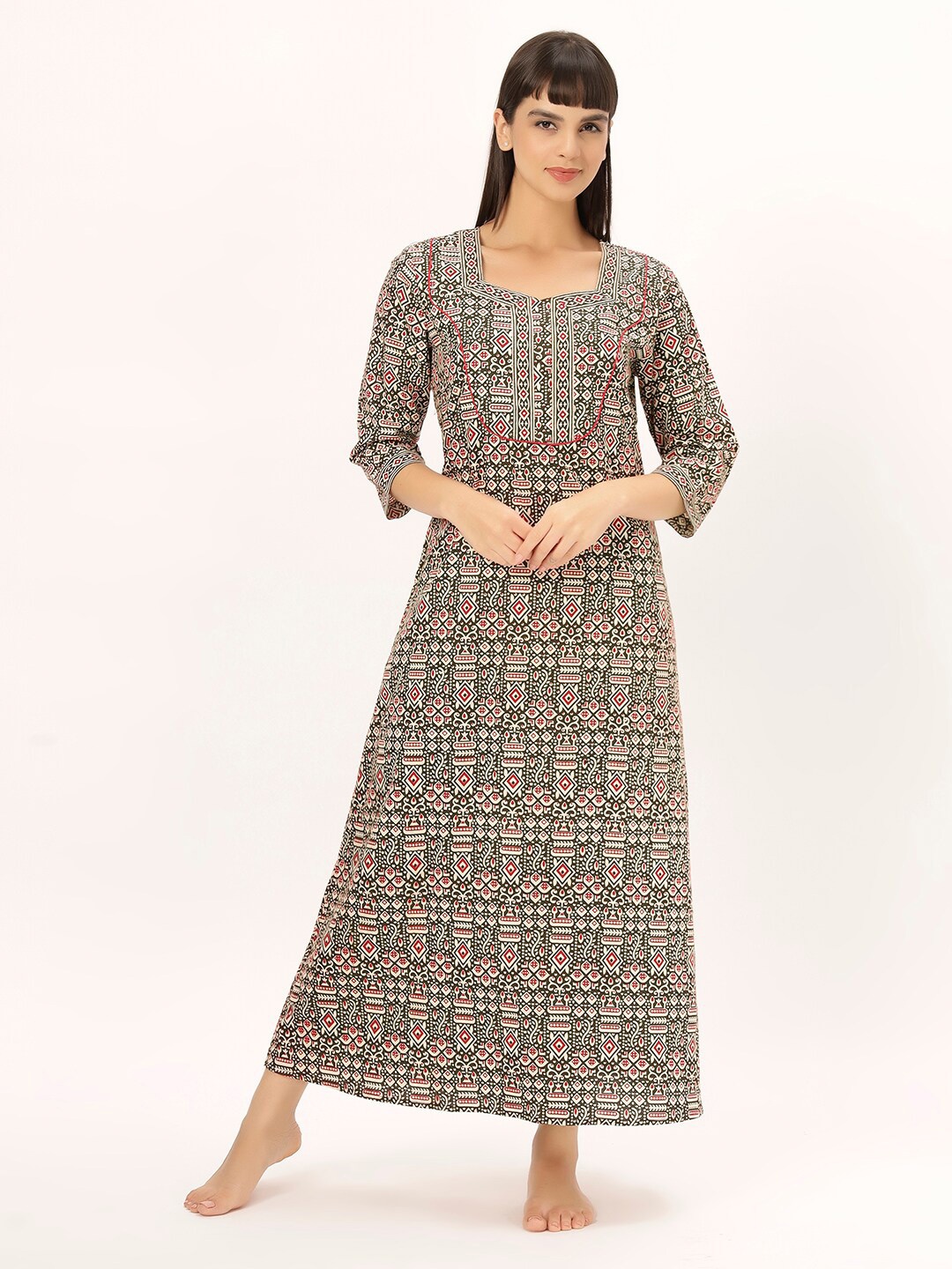 

ETC Olive Green Ethnic Motifs Printed Square Neck Pure Cotton Maxi Nightdress