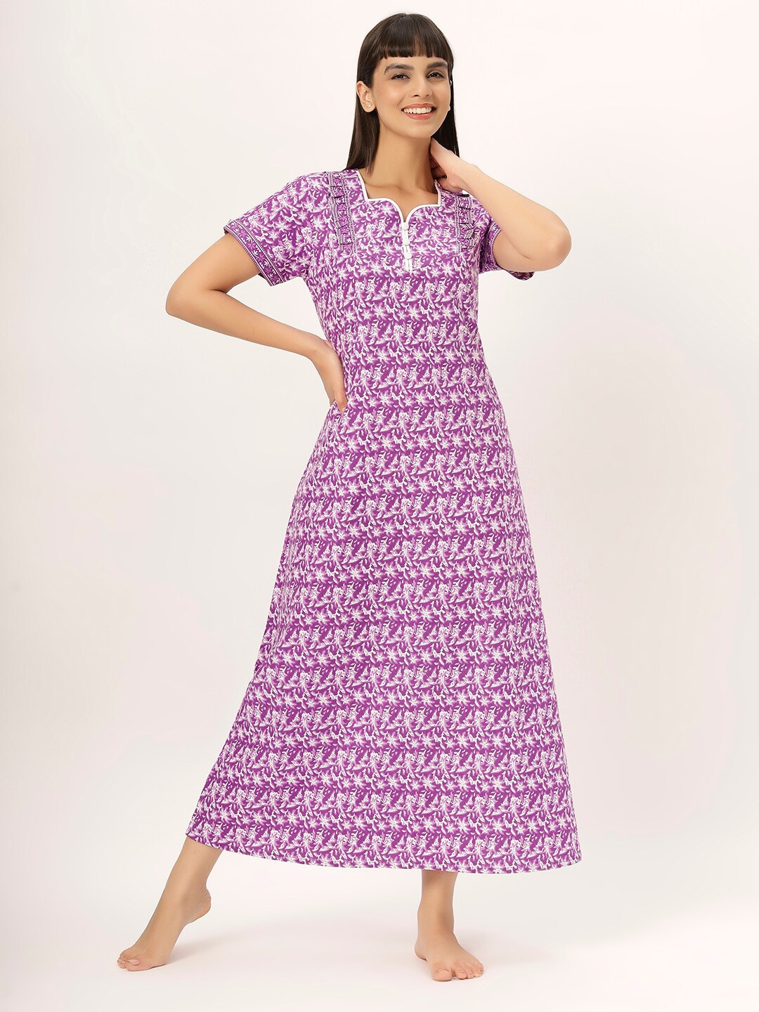 

ETC Printed Pure Cotton Maxi Nightdress, Purple