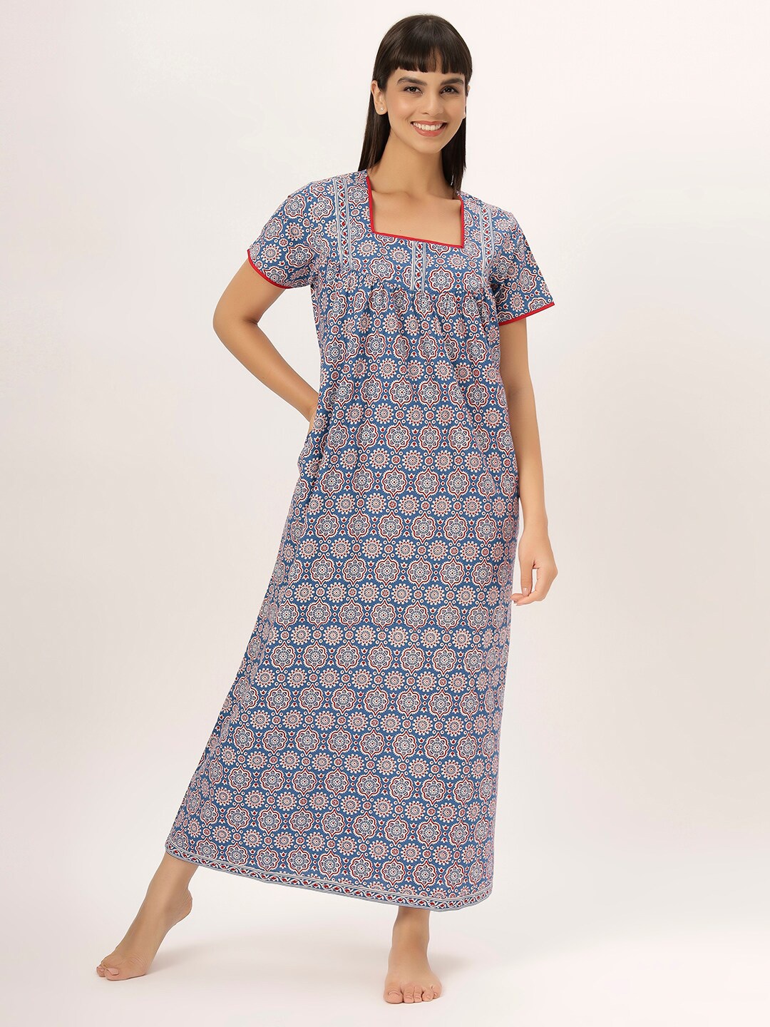 

ETC Blue Ethnic Motifs Printed Square Neck Pure Cotton Maxi Nightdress