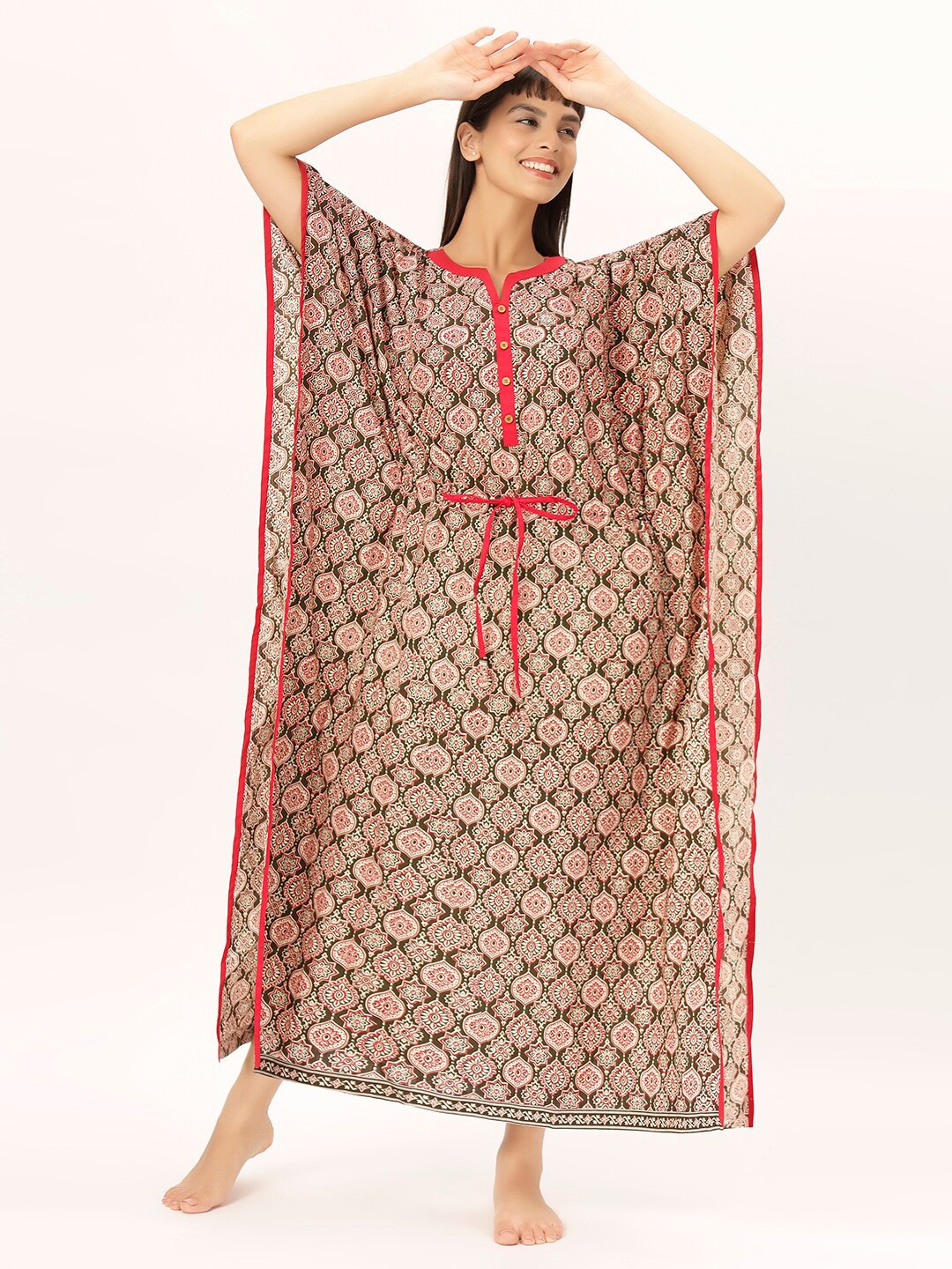 

ETC Olive Green Ethnic Motifs Printed Pure Cotton Maxi Kaftan Nightdress