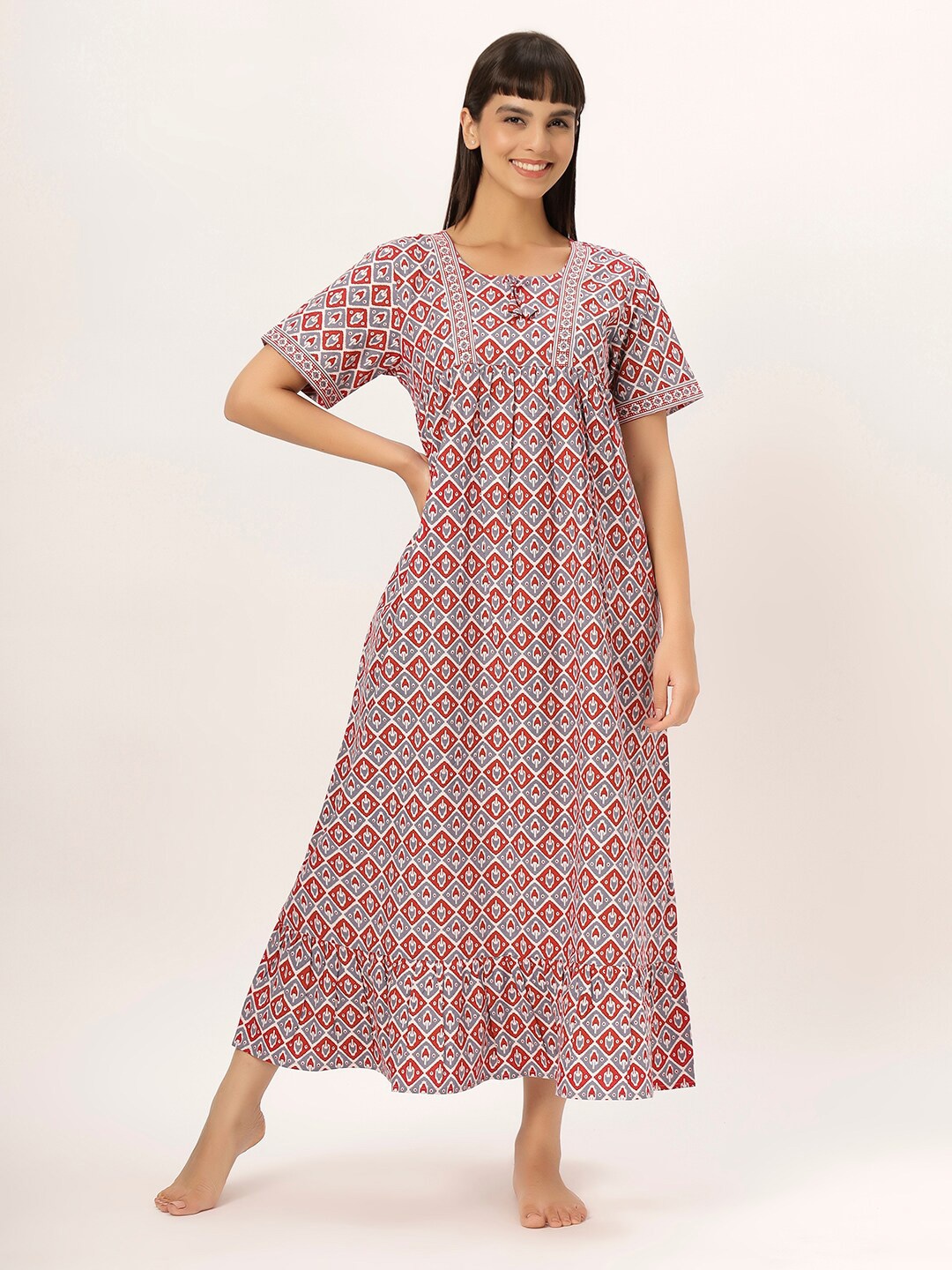 

ETC Red Printed Pure Cotton Maxi Nightdress