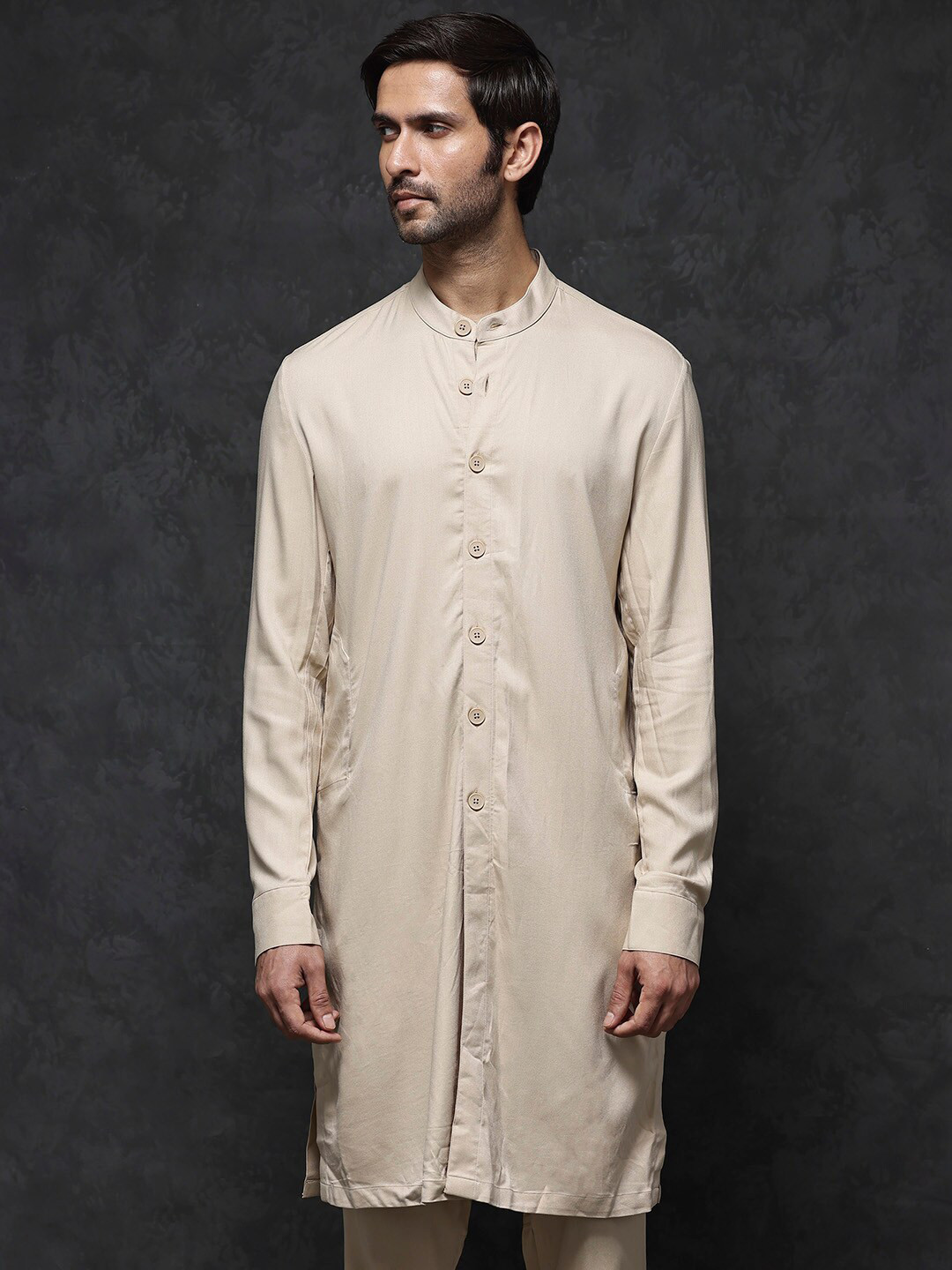 

RARE RABBIT Mandarin Collar Cuffed Sleeves A-Line Kurta, Beige