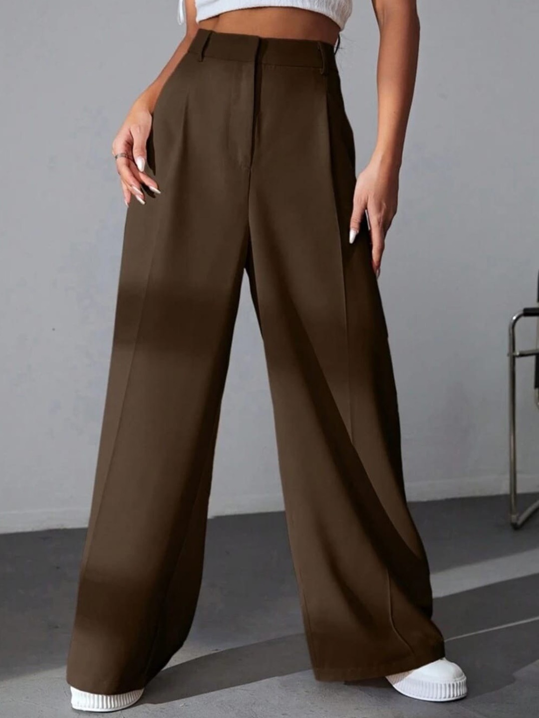 

Next One Women High-Rise Pleated Korean Trousers, Brown