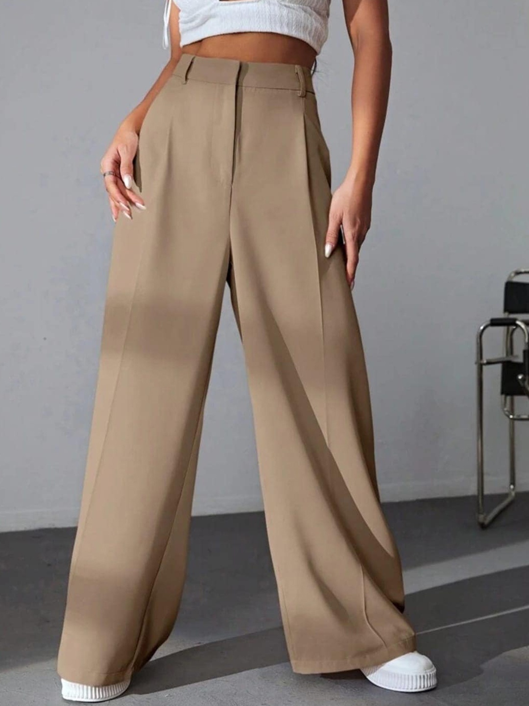 

Next One Women High-Rise Pleated Korean Trousers, Beige