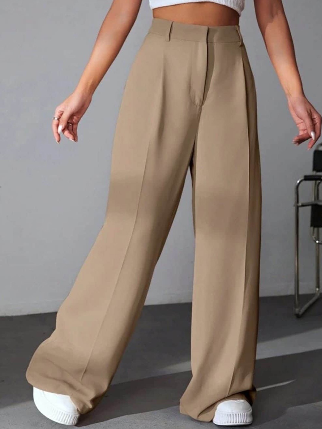 

Next One Women High-Rise Pleated Korean Trousers, Beige