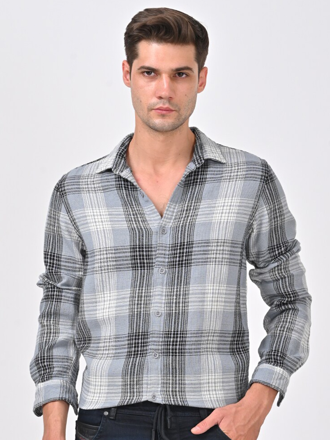 

POE Smart Slim Fit Checked Pure Cotton Casual Shirt, Grey