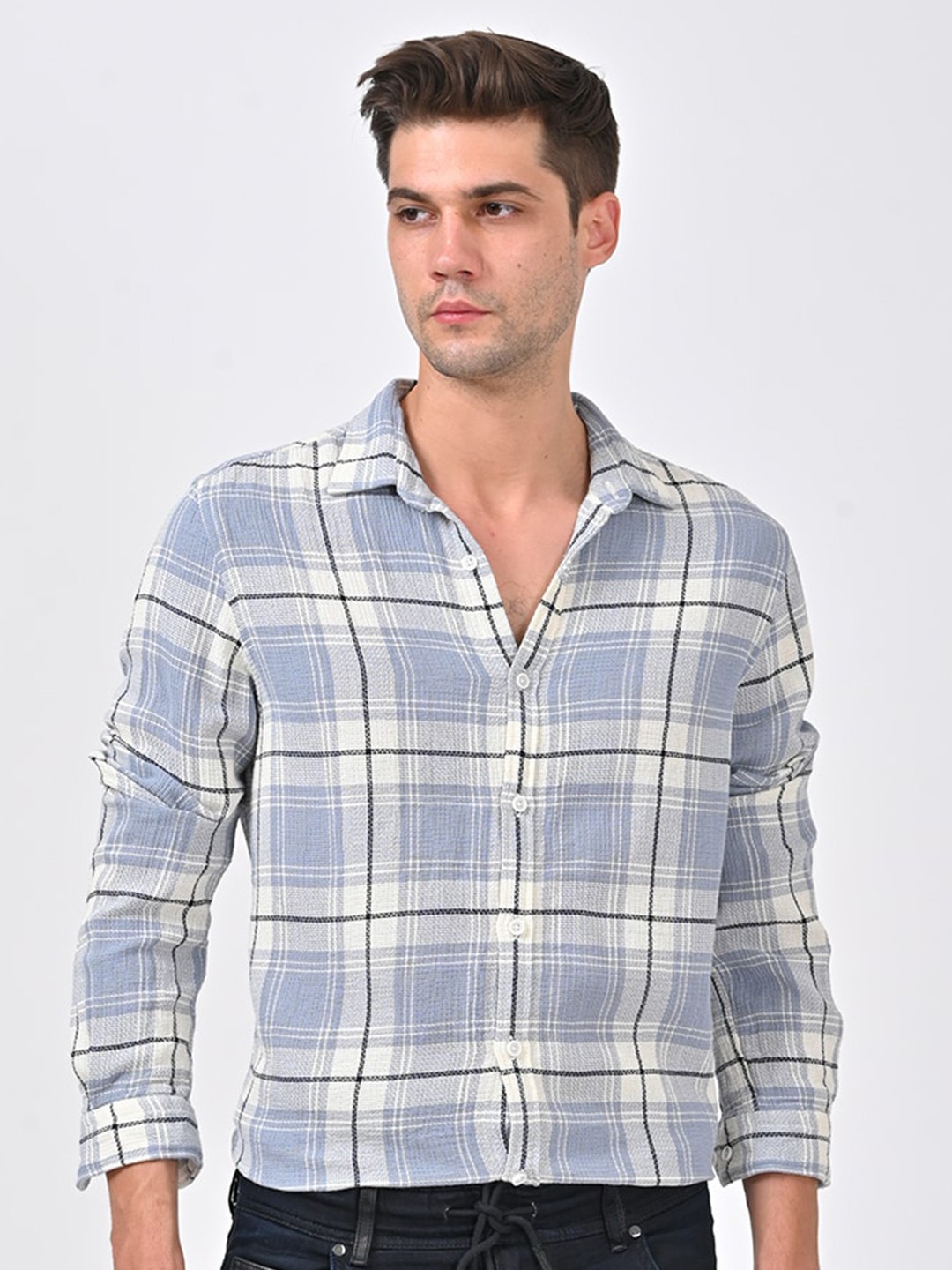 

POE Smart Slim Fit Checked Pure Cotton Casual Shirt, Blue