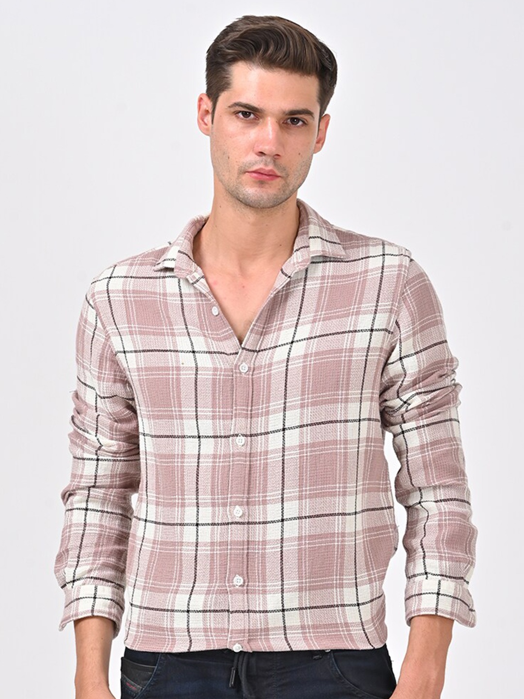 

POE Smart Slim Fit Tartan Checked Pure Cotton Casual Shirt, Peach