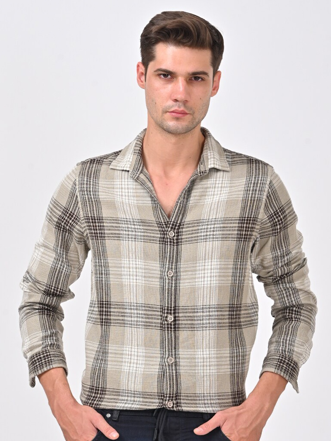 

POE Smart Slim Fit Tartan Checked Pure Cotton Casual Shirt, Green