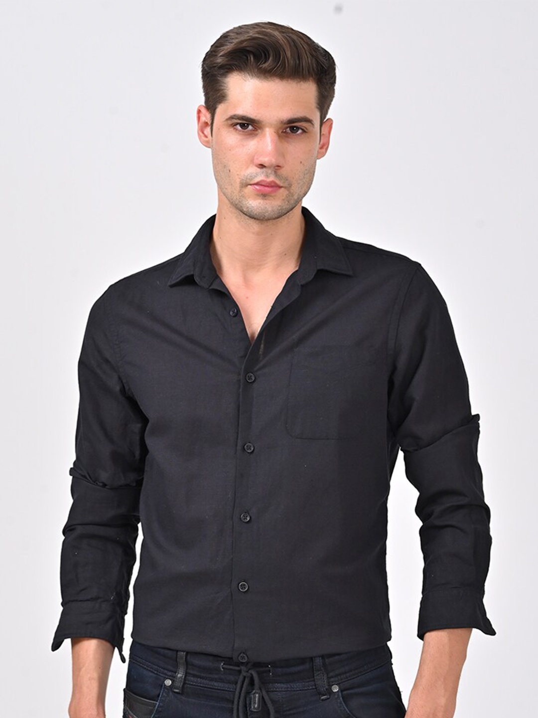 

POE Smart Slim Fit Cotton Linen Casual Shirt, Black