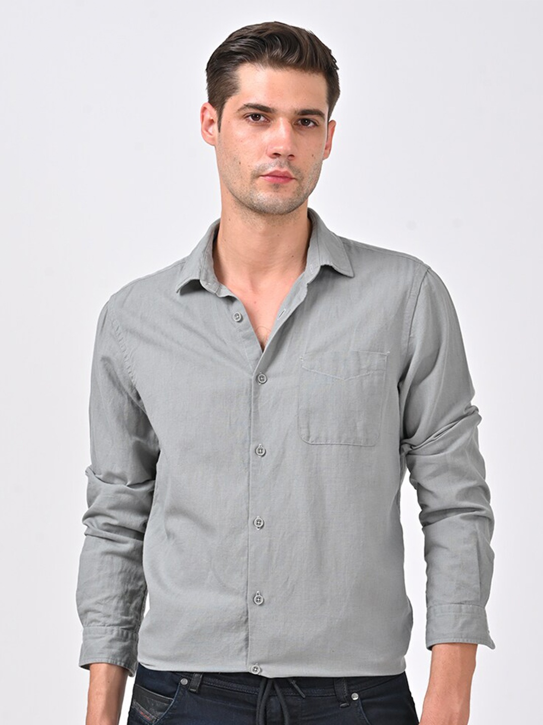 

POE Men Smart Slim Fit Opaque Casual Shirt, Grey