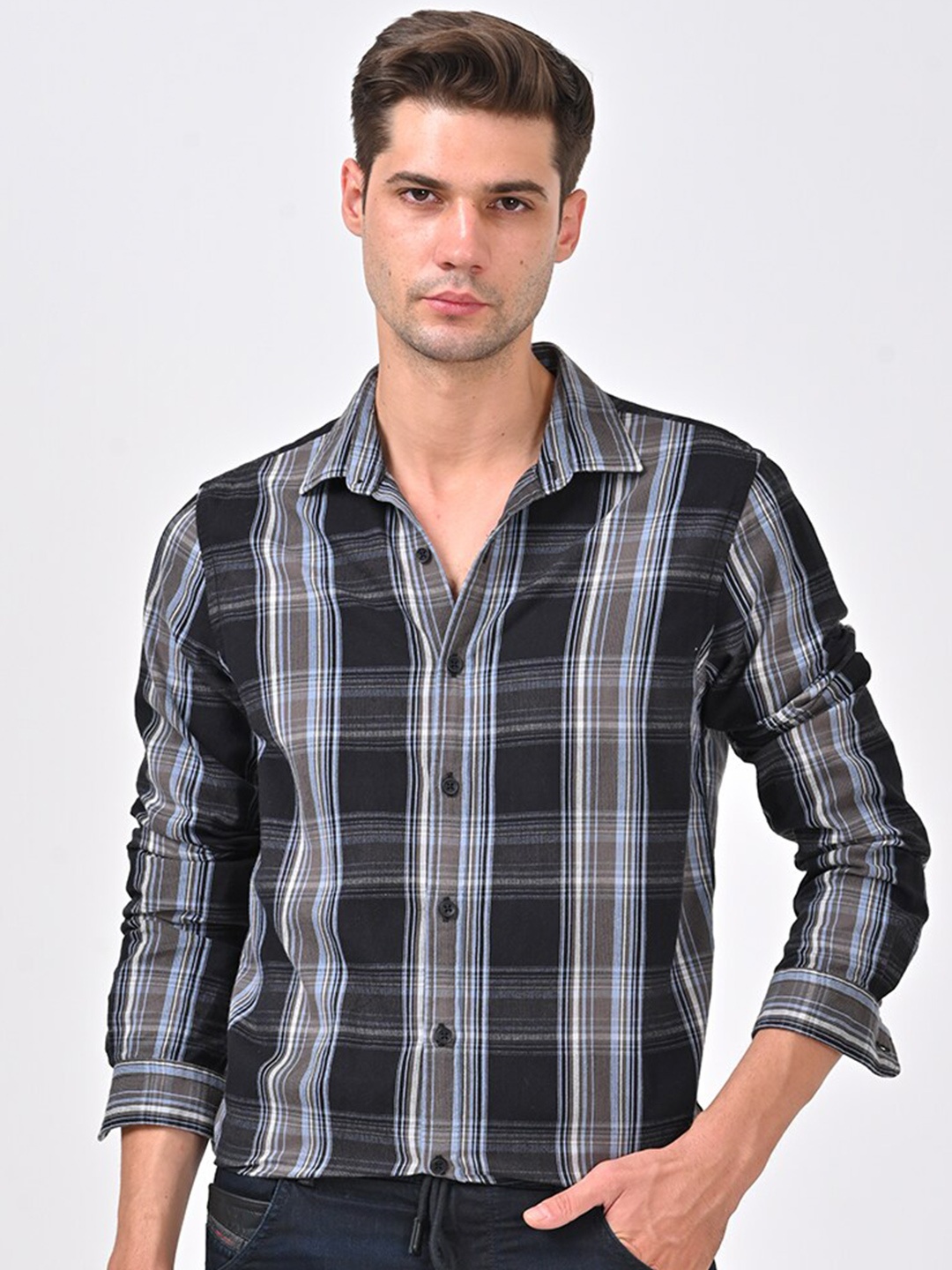 

POE Smart Slim Fit Tartan Checks Opaque Checked Cotton Casual Shirt, Brown