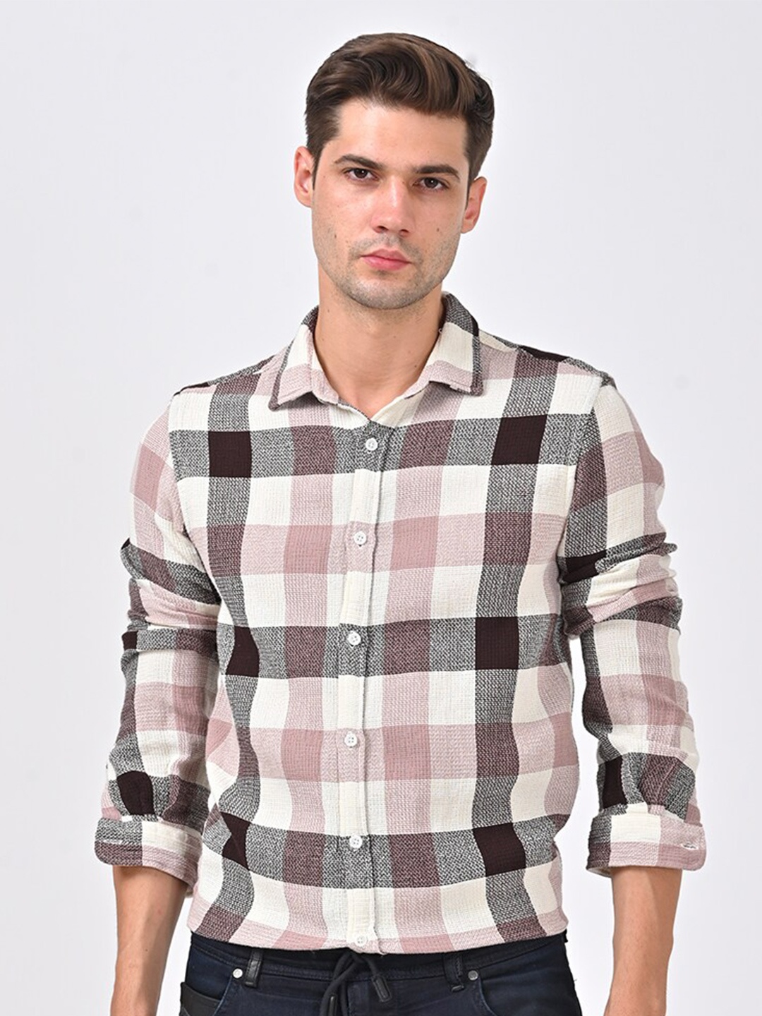 

POE Smart Slim Fit Gingham Checks Opaque Checked Cotton Casual Shirt, Peach