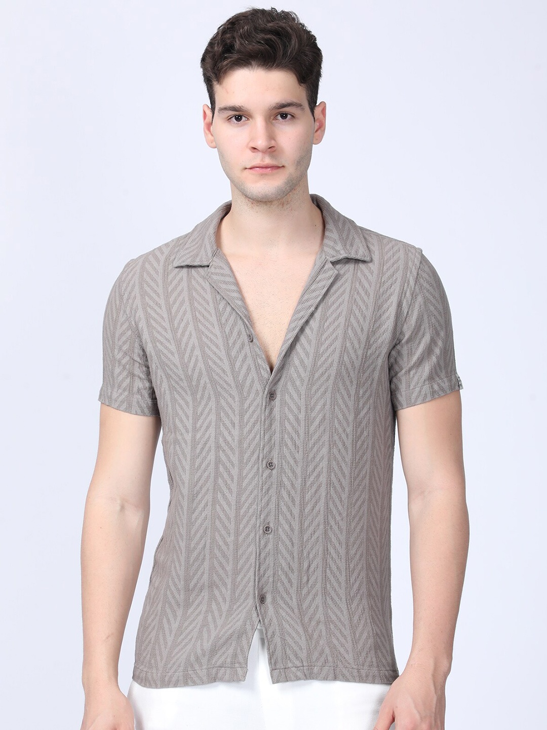 

POE Smart Slim Fit Opaque Geometric Printed Cotton Casual Shirt, Grey