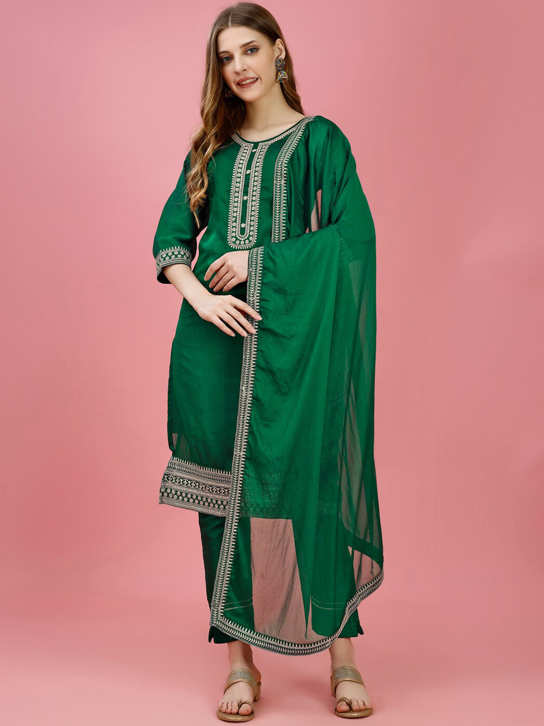 

STH Ethnic Motifs Embroidered Regular Thread Work Kurta with Trouser & Dupatta, Green