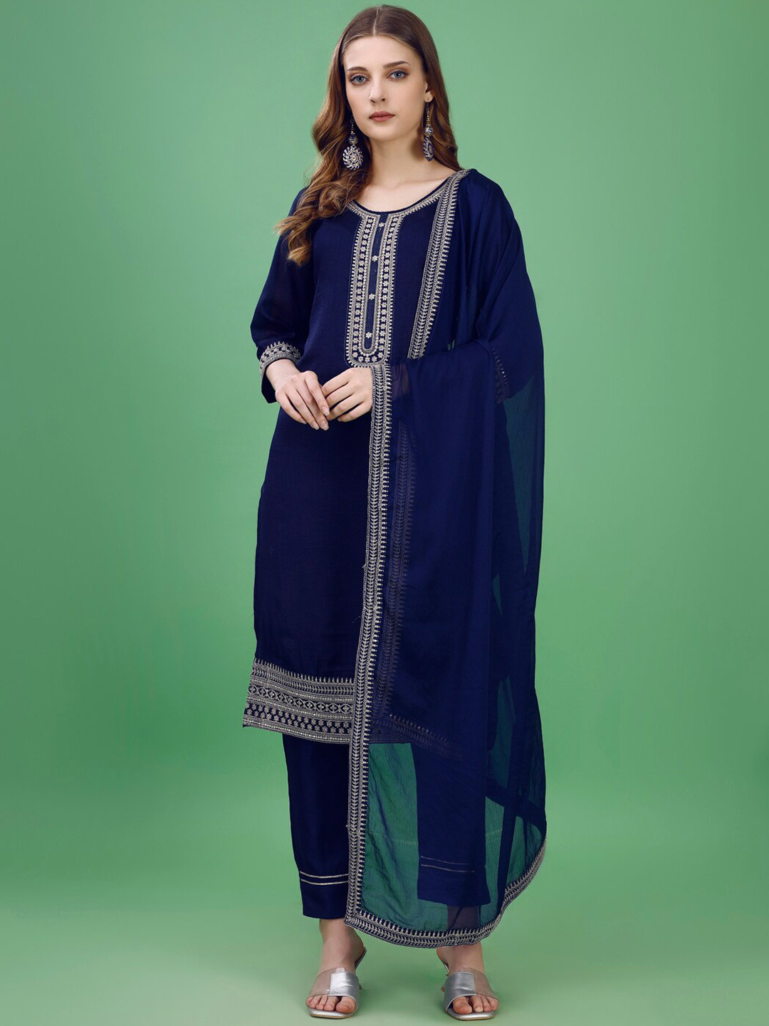 

STH Ethnic Motifs Embroidered Regular Thread Work Kurta with Trouser & Dupatta, Blue