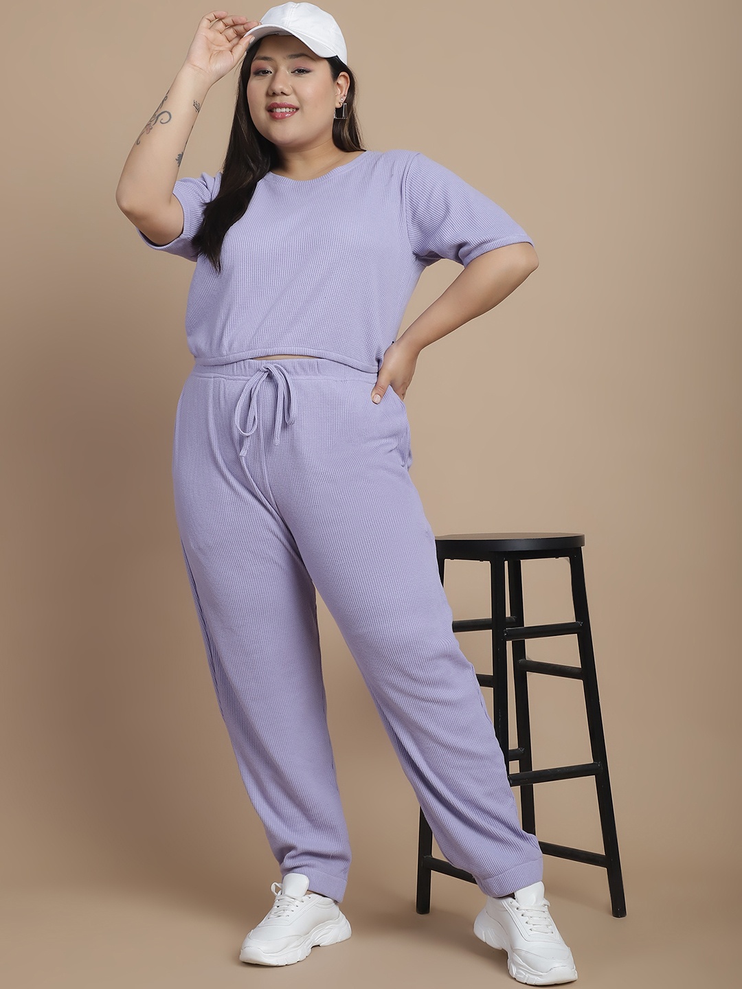 

Rigo Plus Size Printed Crop Top With Joggers Co-Ords Set, Purple