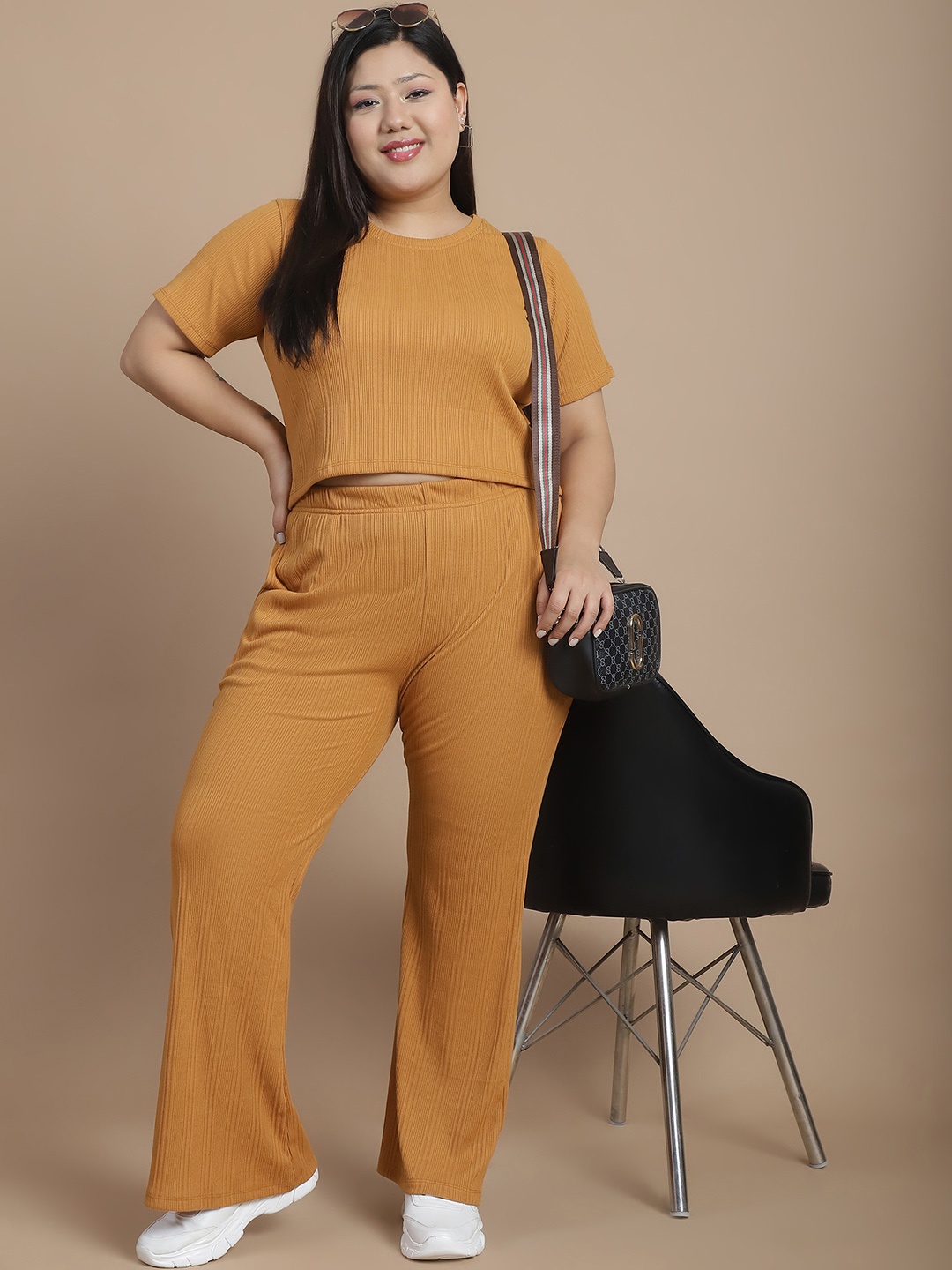 

Rigo Plus Size Pure Cotton Slim-Fit Top With Trouser Co-Ords Set, Camel brown