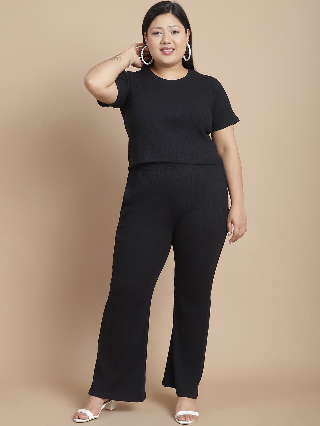 

Rigo Plus Size Cotton Top & Track Pant Co Ord Set, Black