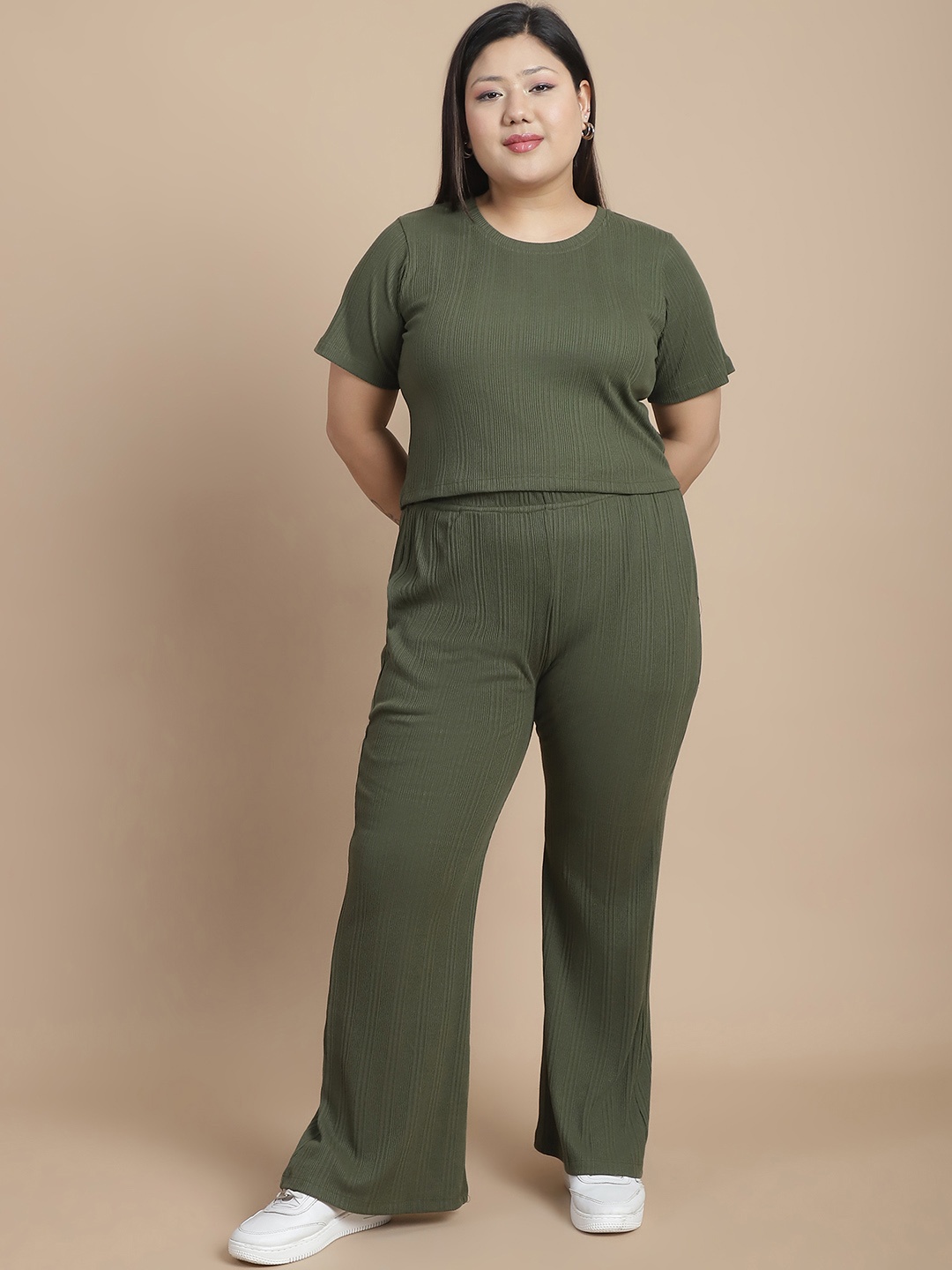 

Rigo Plus Size Pure Cotton Crop Top With Joggers Co-Ords Set, Olive