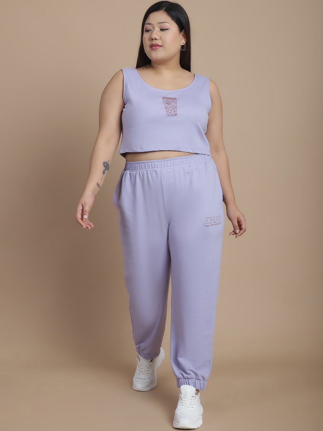 

Rigo Plus Size Printed Crop Top With Joggers Co-Ords Set, Purple